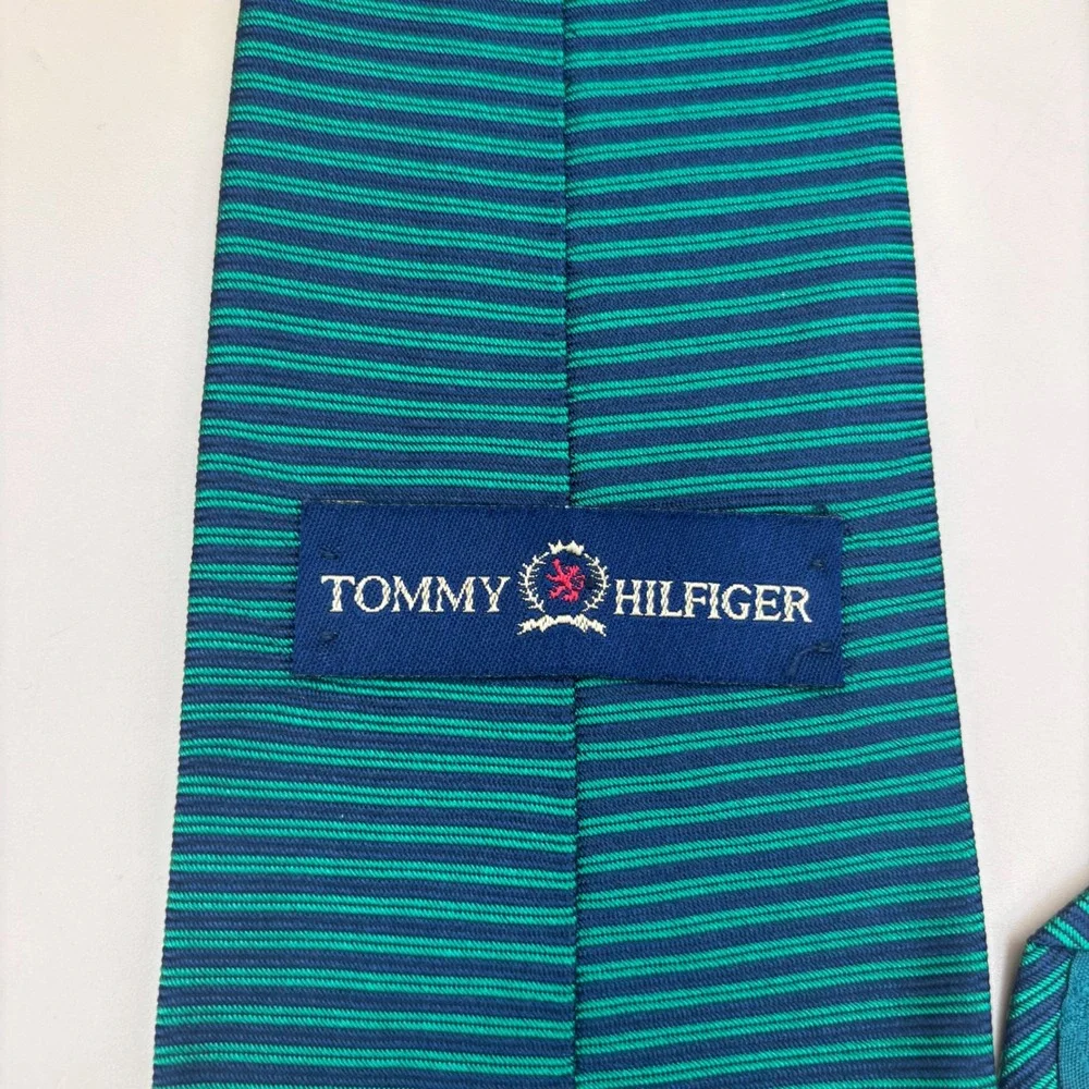 Tommy Hilfiger Mens Silk Tie Teal Navy Horizontal Stripe Crest Preppy Classic